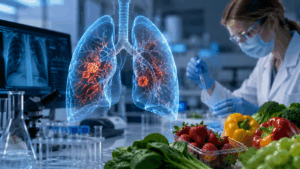 Ricercatrice analizza campioni di frutta e verdura accanto a una rappresentazione dei polmoni con lesioni tumorali, simbolo dello studio sui pesticidi e sul tumore polmonare nei giovani non fumatori.
