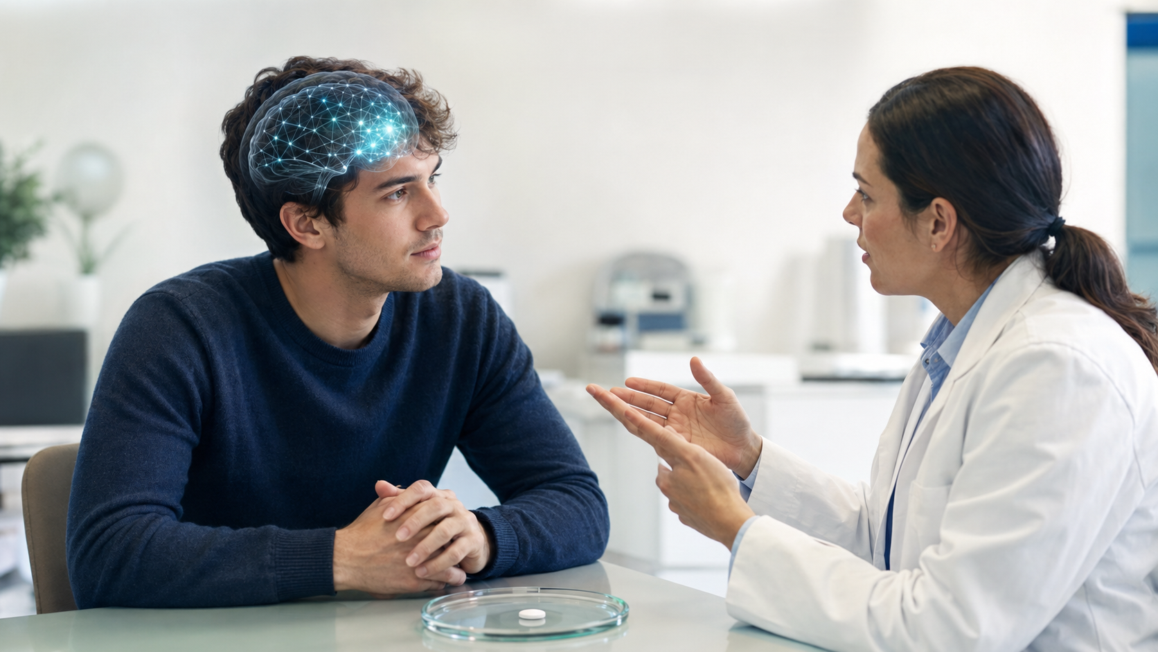 Paziente adulto con ADHD durante un consulto medico su una nuova terapia farmacologica, con rappresentazione dei circuiti cerebrali dell’attenzione.
