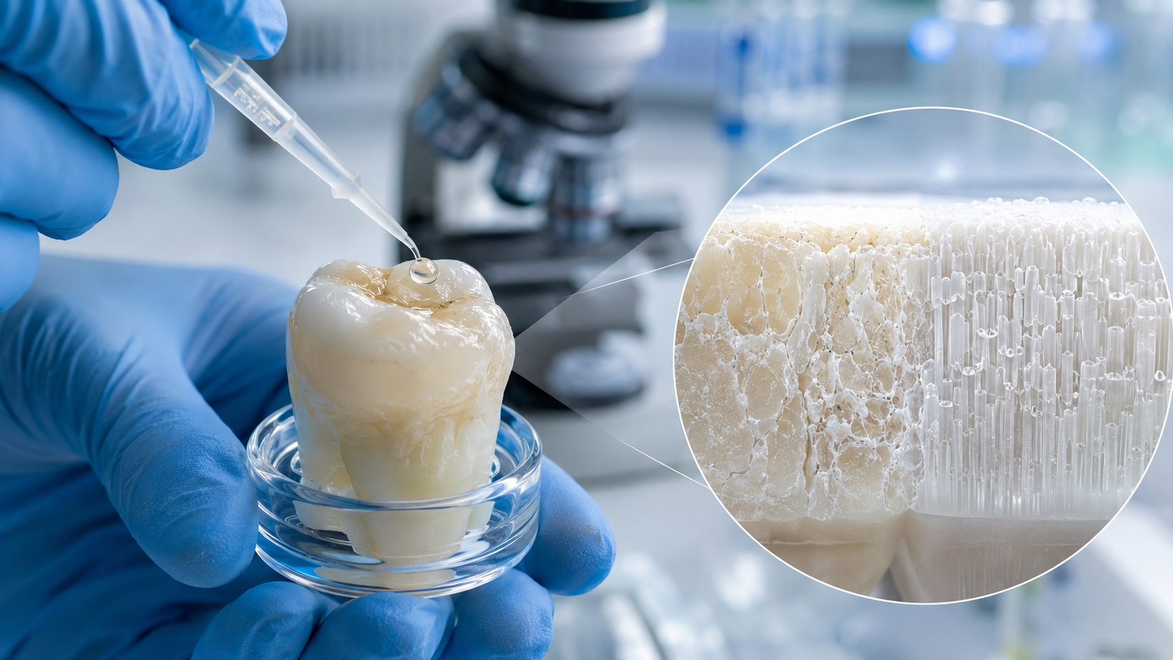 Ricercatore applica un gel senza fluoro su un dente con visualizzazione della rigenerazione dello smalto.