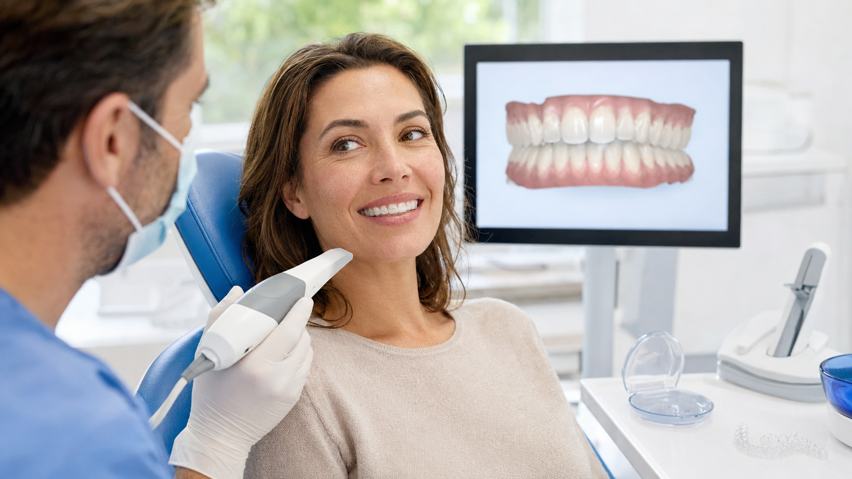 Donna adulta durante una visita ortodontica con mascherine trasparenti e scanner intraorale nello studio dentistico.