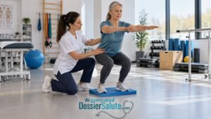 Fisioterapista assiste una paziente durante un esercizio terapeutico di equilibrio e rinforzo in un centro di riabilitazione.