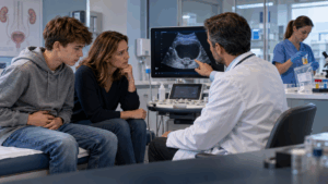 Adolescente con dolore urinario accompagnato dalla madre durante una visita urologica con ecografia della vescica.