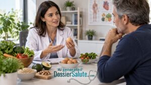 Nutrizionista discute con un uomo di uova, colesterolo e alimentazione equilibrata davanti a diversi cibi salutari.