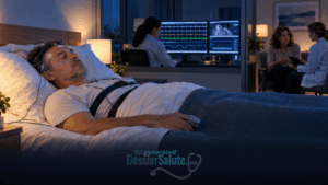 Uomo sottoposto a polisonnografia mentre una specialista monitora respirazione, ossigenazione e qualità del sonno.