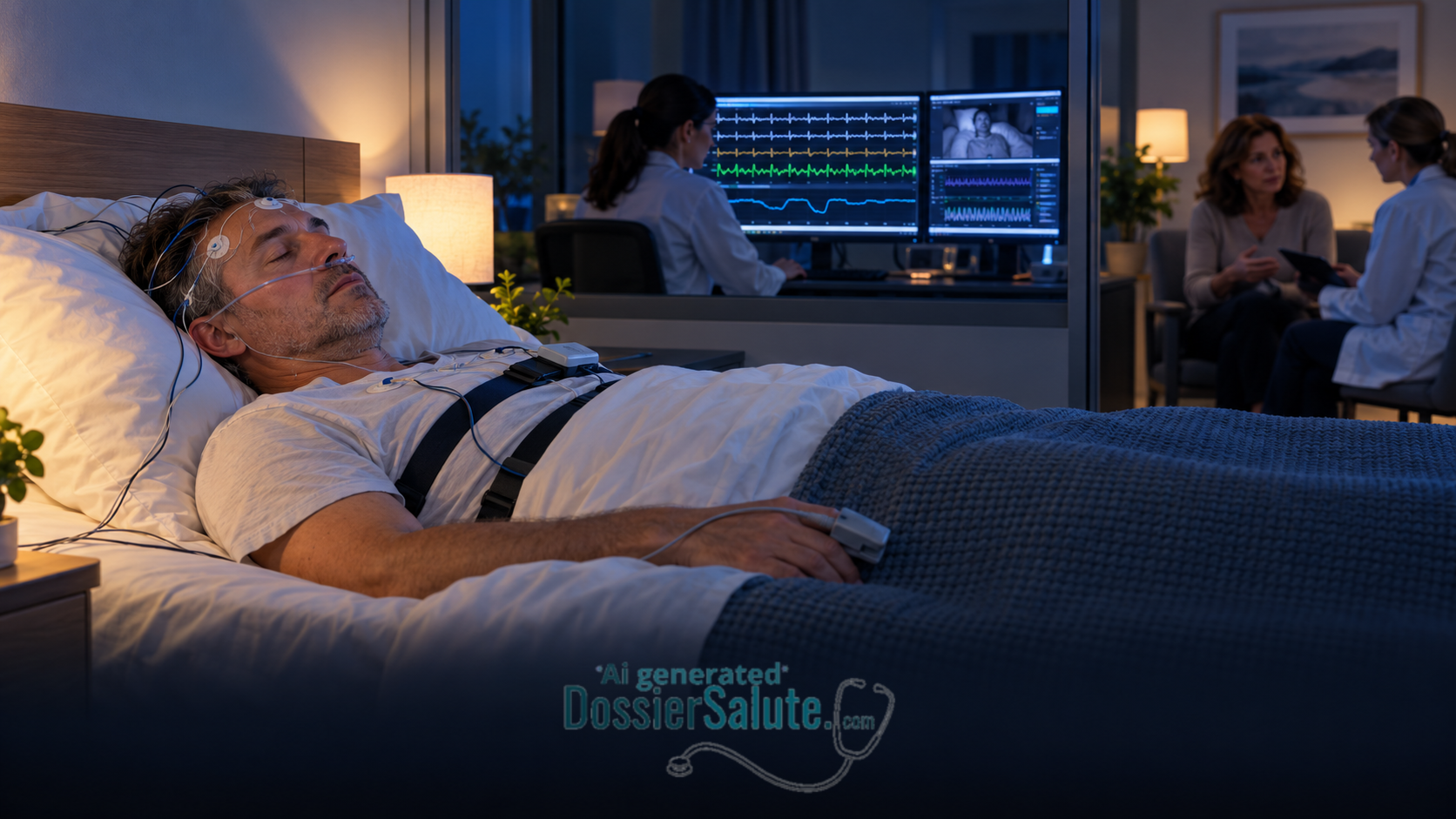Uomo sottoposto a polisonnografia mentre una specialista monitora respirazione, ossigenazione e qualità del sonno.