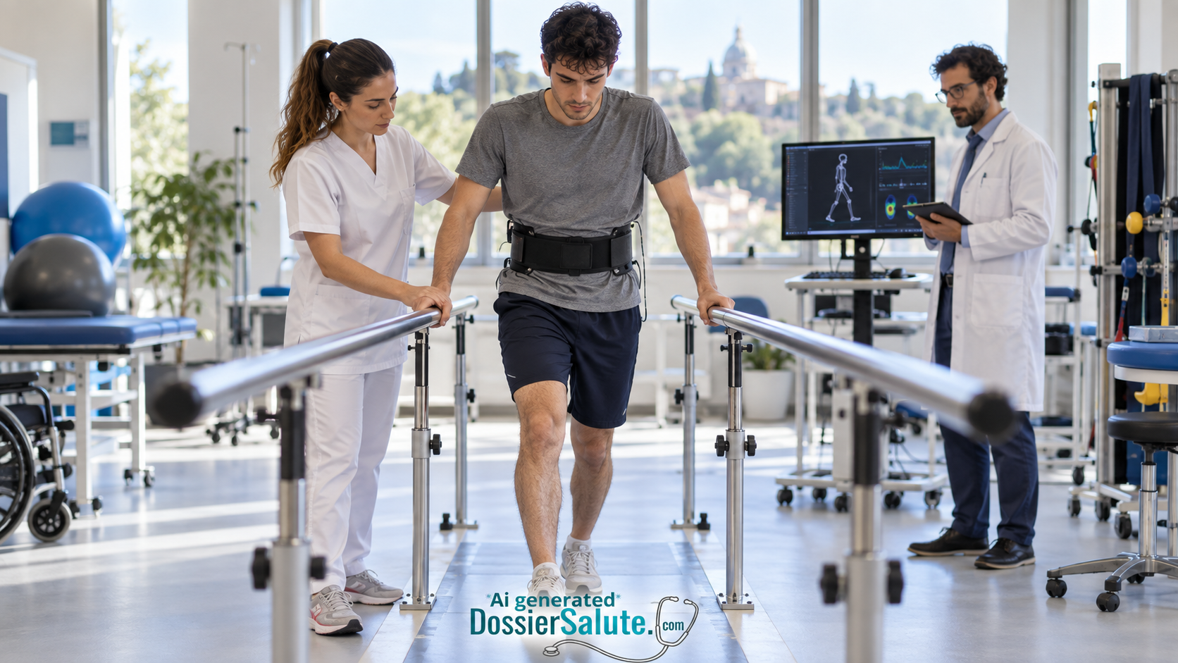 Giovane con paralisi compie un passo assistito tra le parallele, seguito da una fisioterapista e da un medico.