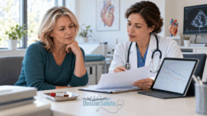 Cardiologa illustra a una donna i risultati degli esami del colesterolo e l’andamento della terapia ipolipemizzante.