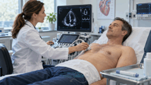 Cardiologa esegue un’ecografia del cuore a un uomo con lieve sovrappeso durante una valutazione sugli effetti dei farmaci GLP-1.