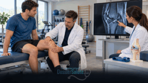Ortopedico esamina il ginocchio di uno sportivo mentre una specialista indica la lesione del menisco sulla risonanza magnetica.