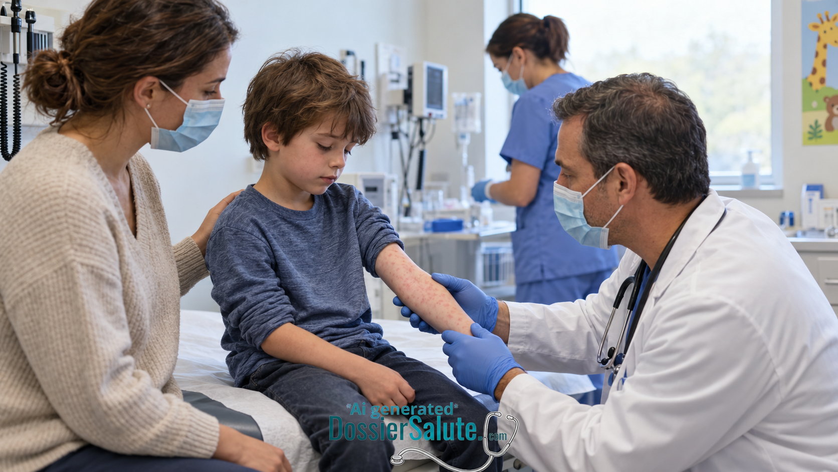 Pediatra esamina il rash da morbillo sul braccio di un bambino, accompagnato dalla madre in ambulatorio.