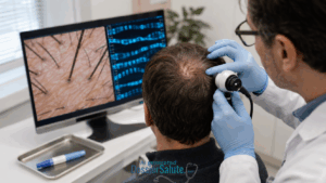 Dermatologo esamina con un tricoscopio il cuoio capelluto di un uomo, mentre un monitor mostra follicoli piliferi e dati genetici.