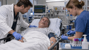 Medico e infermiera assistono un paziente con sospetta sepsi, monitorando i parametri vitali ed eseguendo prelievi di sangue.