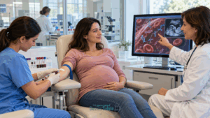 Donna incinta esegue un prelievo di sangue per il NIPT mentre la ginecologa illustra l’analisi del DNA fetale circolante.