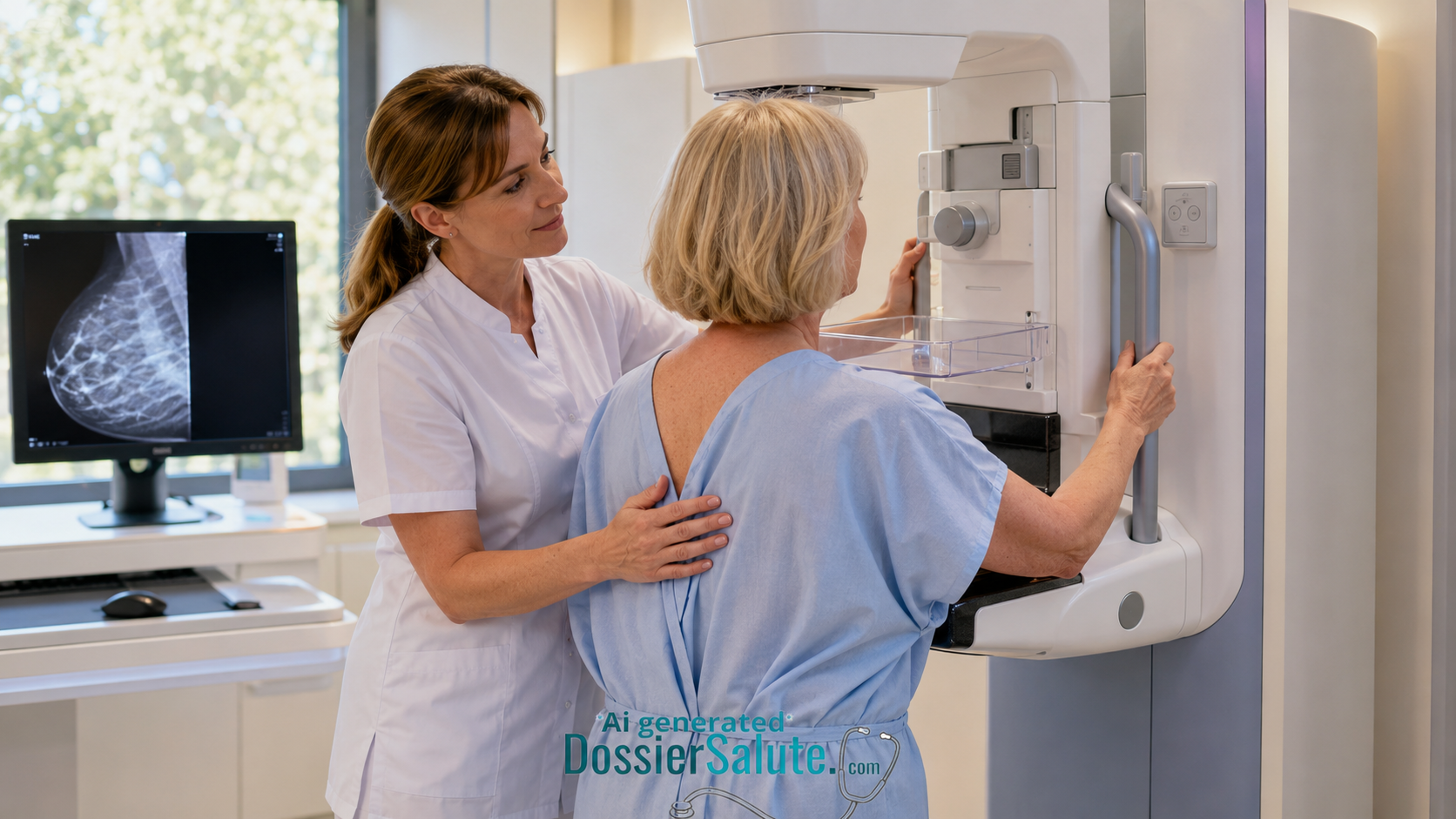Donna sottoposta a mammografia con l’assistenza di una tecnica sanitaria, mentre l’immagine del seno è visibile sul monitor.