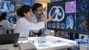 Oncologa ed esperto di dati analizzano TAC polmonari, tessuto tumorale e biomarcatori immunitari con un sistema di intelligenza artificiale.
