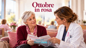 Donna dai capelli argentati discute alcuni documenti con un’oncologa, sotto la scritta “Ottobre in rosa”.