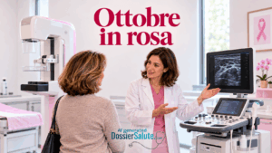 Radiologa illustra a una donna un ecografo e un mammografo, con la scritta “Ottobre in rosa” in alto.