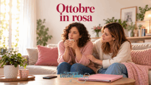Donna pensierosa con una tazza riceve il sostegno di un’amica sul divano, sotto la scritta “Ottobre in rosa”