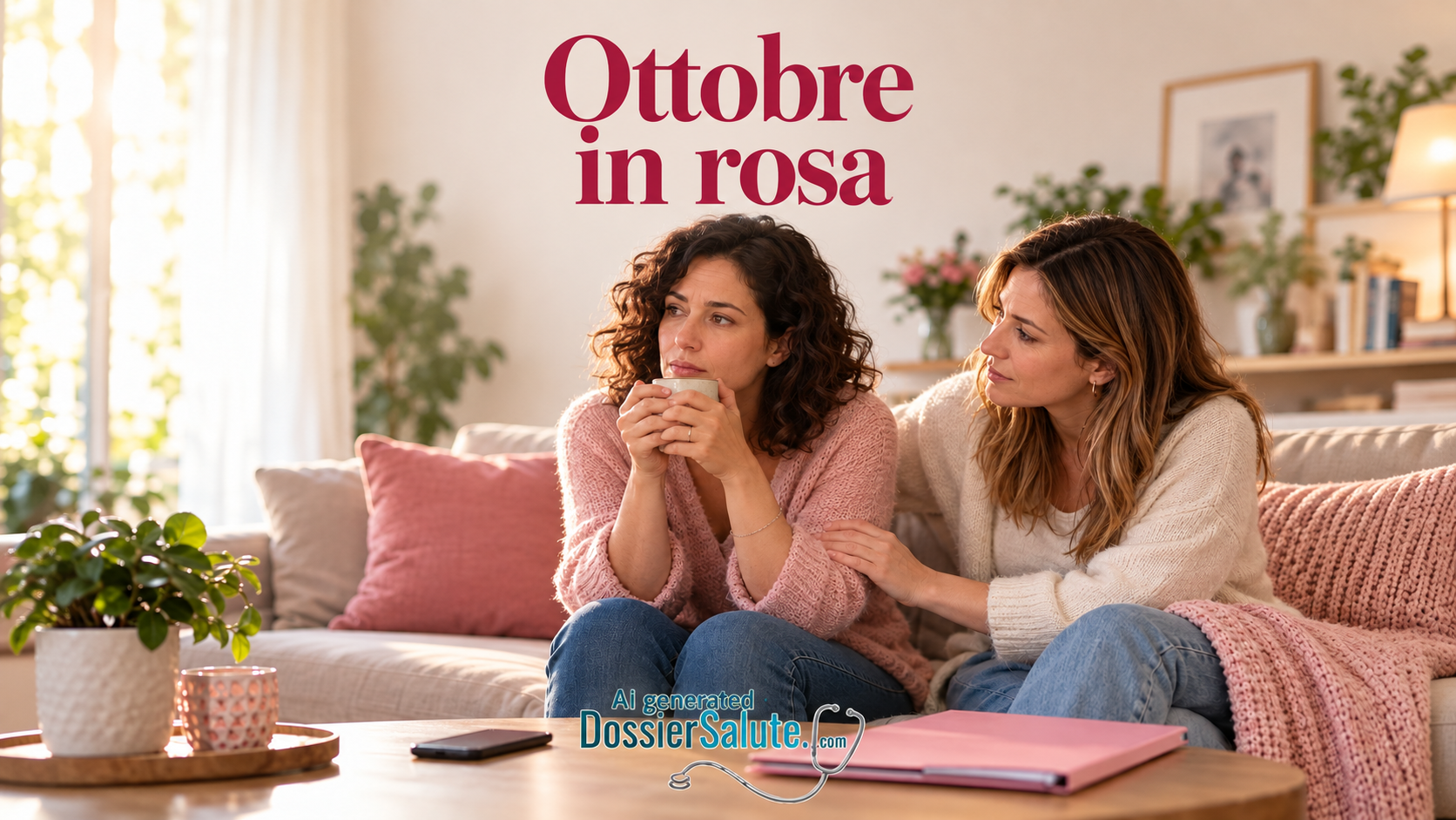 Donna pensierosa con una tazza riceve il sostegno di un’amica sul divano, sotto la scritta “Ottobre in rosa”