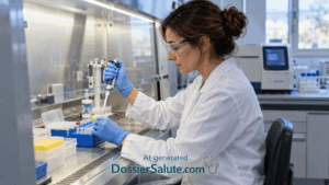 Ricercatrice con guanti e occhiali protettivi utilizza una micropipetta sotto una cappa di sicurezza biologica.