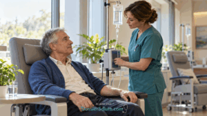 Uomo seduto su una poltrona per infusioni mentre un’infermiera controlla la pompa accanto a lui.