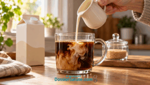 Una mano versa del creamer in una tazza di caffè in vetro, con una zuccheriera sullo sfondo.
