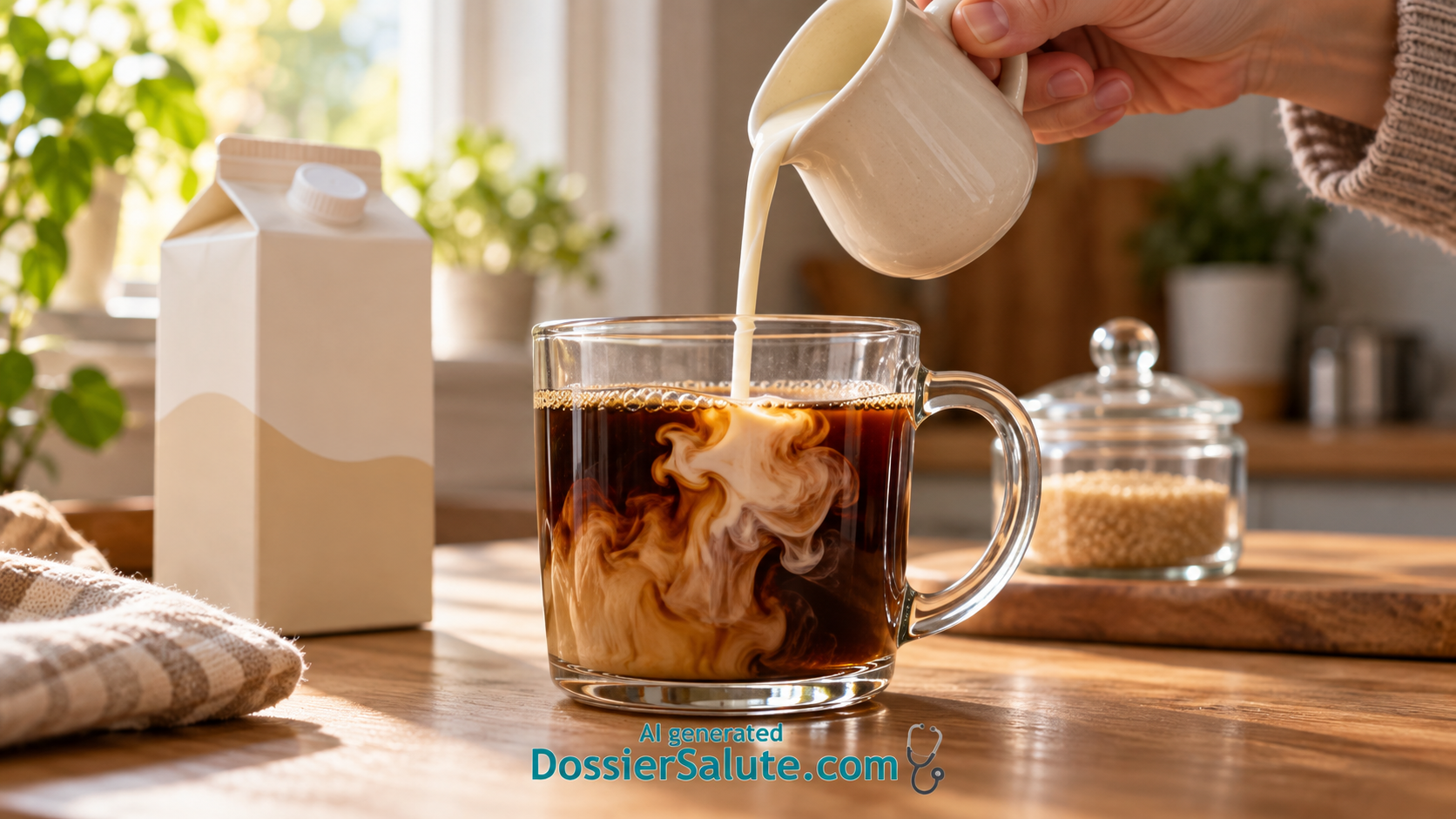 Una mano versa del creamer in una tazza di caffè in vetro, con una zuccheriera sullo sfondo.
