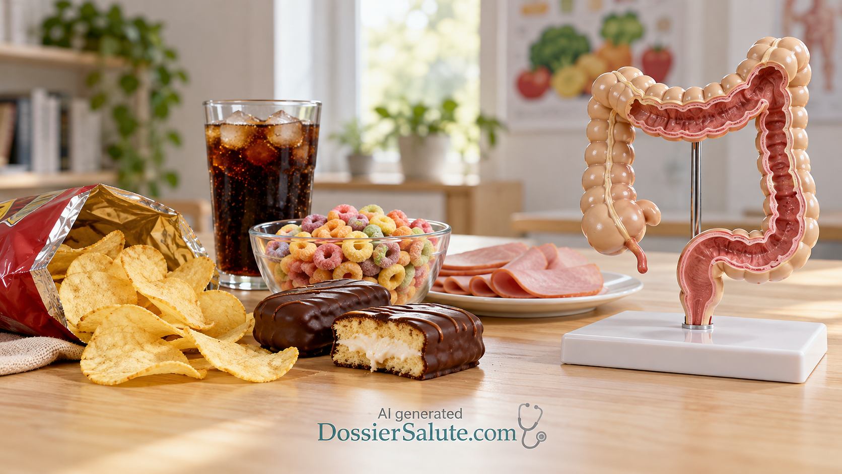 Patatine, merendine, cereali zuccherati, bibita e affettati su un tavolo accanto a un modello anatomico del colon.