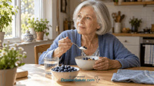 Donna anziana mangia yogurt con mirtilli a colazione, seduta al tavolo vicino a una finestra.