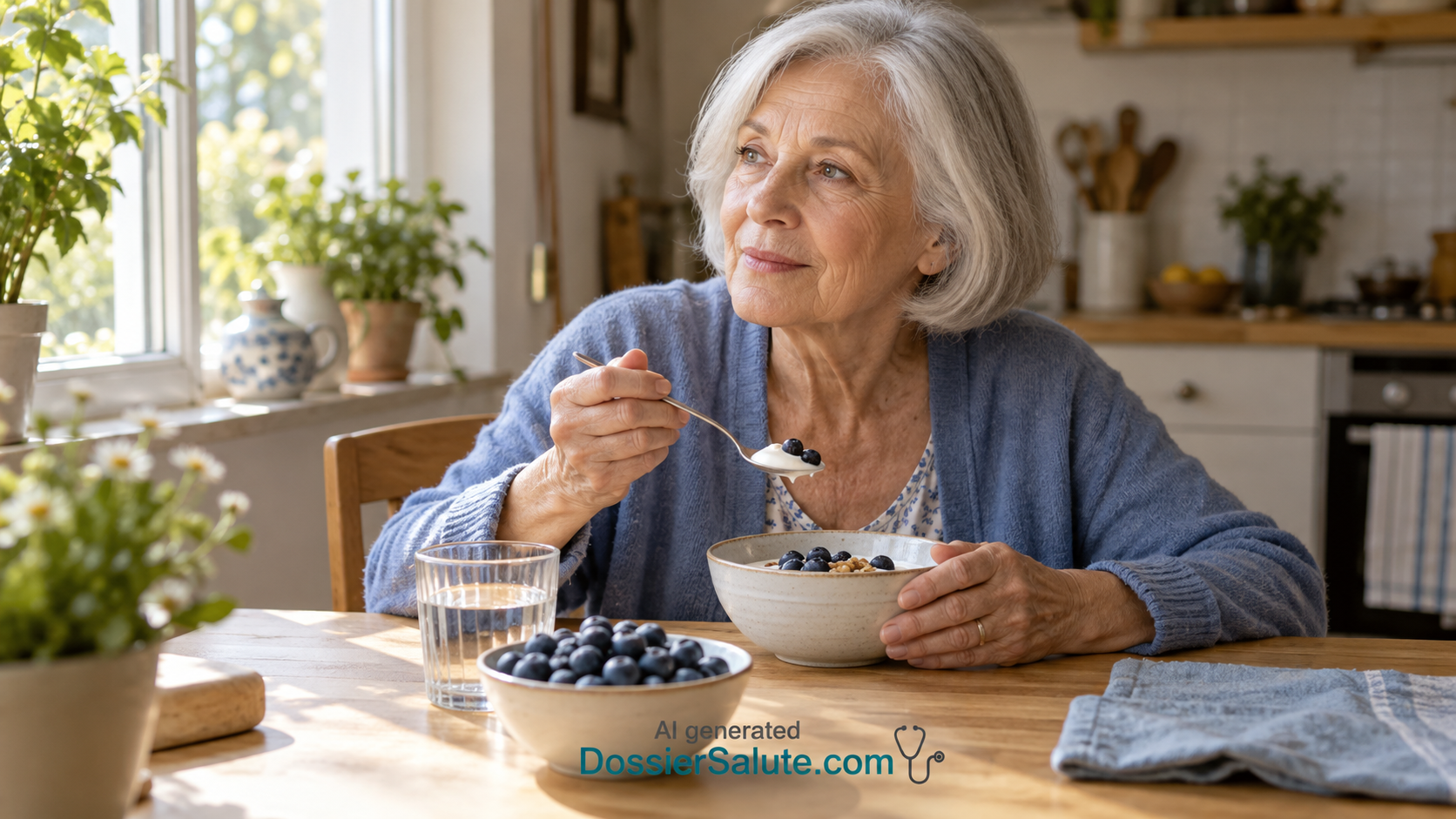 Donna anziana mangia yogurt con mirtilli a colazione, seduta al tavolo vicino a una finestra.
