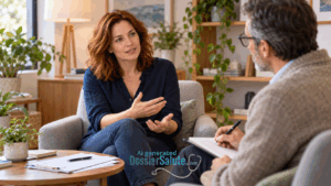 Donna adulta parla con uno specialista che prende appunti durante un colloquio in uno studio accogliente.