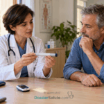 Diabetologa mostra una penna iniettiva a un paziente, con un glucometro sul tavolo dello studio.