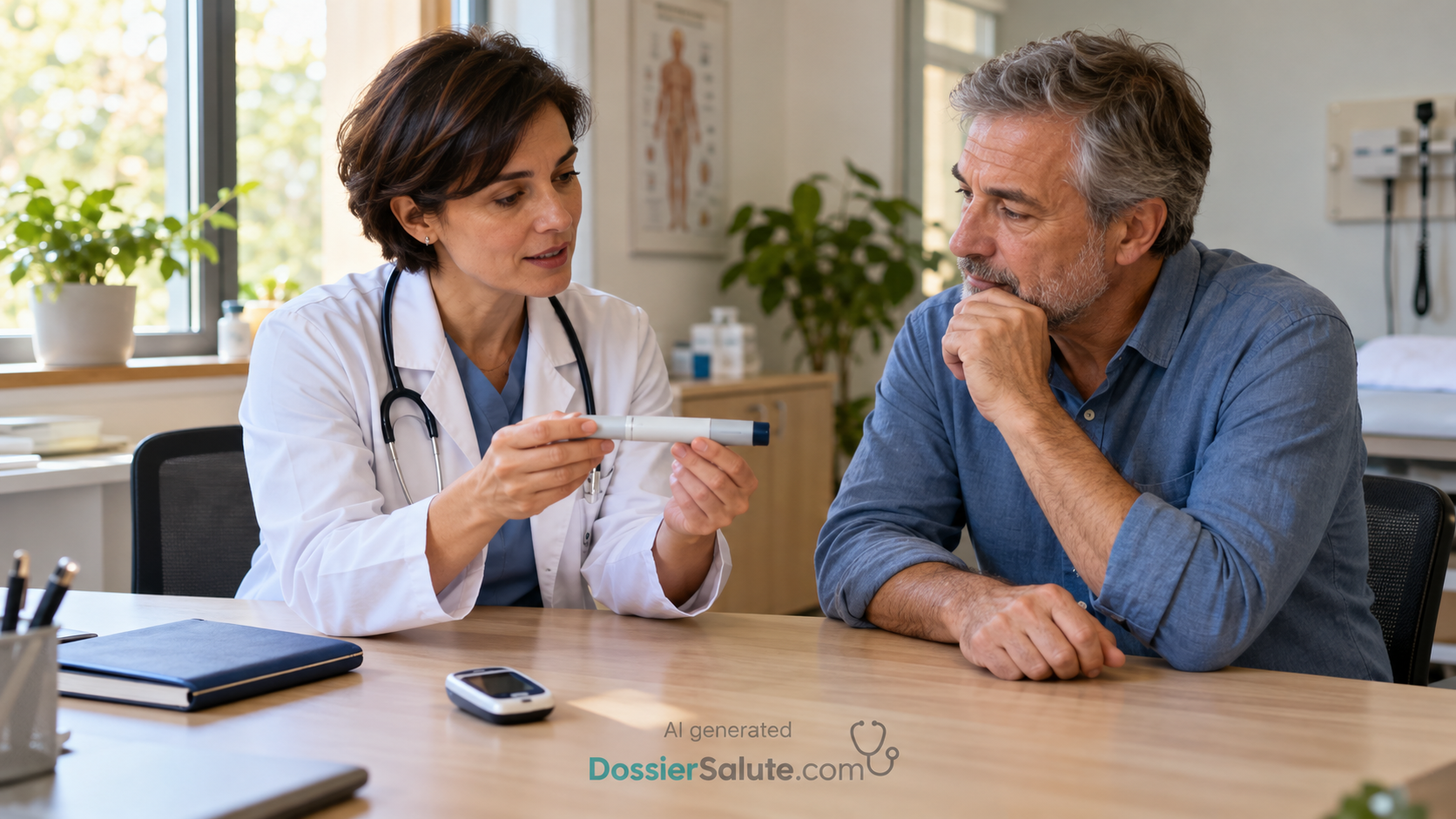 Diabetologa mostra una penna iniettiva a un paziente, con un glucometro sul tavolo dello studio.