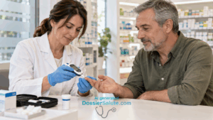 Farmacista con guanti misura la glicemia di un uomo adulto utilizzando un glucometro e una striscia sul polpastrello.