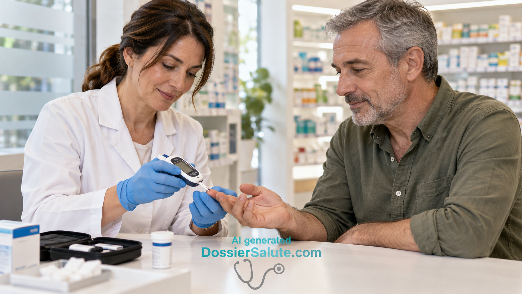 Farmacista con guanti misura la glicemia di un uomo adulto utilizzando un glucometro e una striscia sul polpastrello.