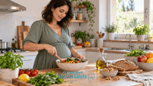 donna in gravidanza condisce insalata