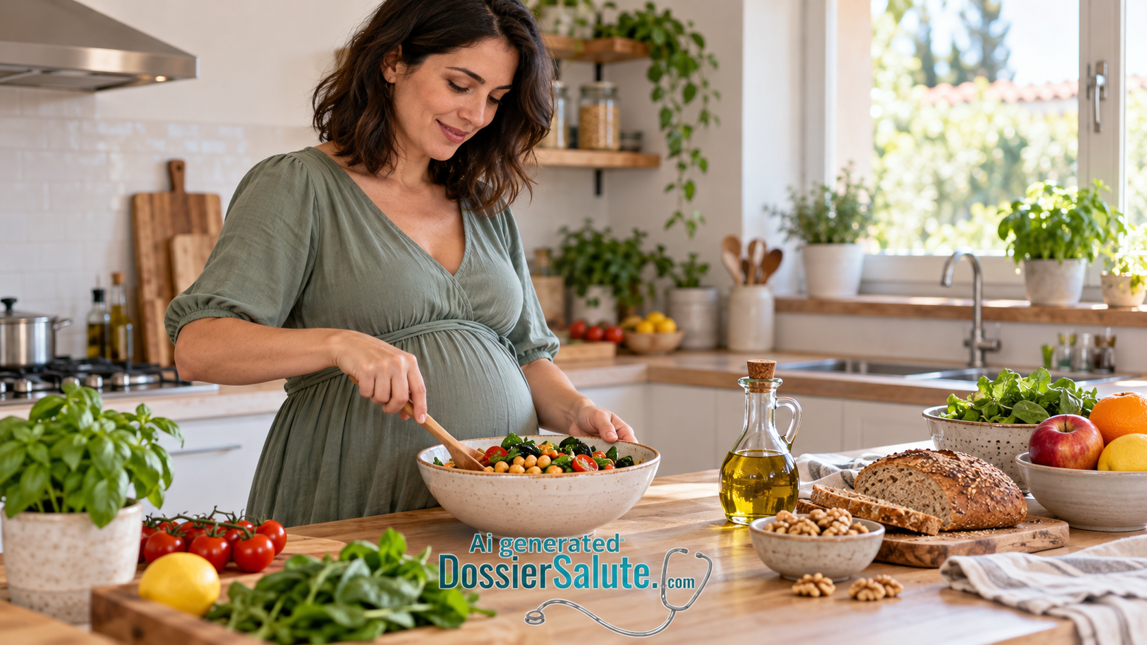 donna in gravidanza condisce insalata