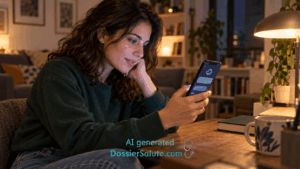 Giovane donna adulta guarda una chat con un assistente virtuale sullo smartphone, seduta a un tavolo illuminato da una lampada.