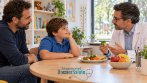Bambino e padre parlano con un medico di alimentazione, davanti a un piatto di verdure, pane e frutta.