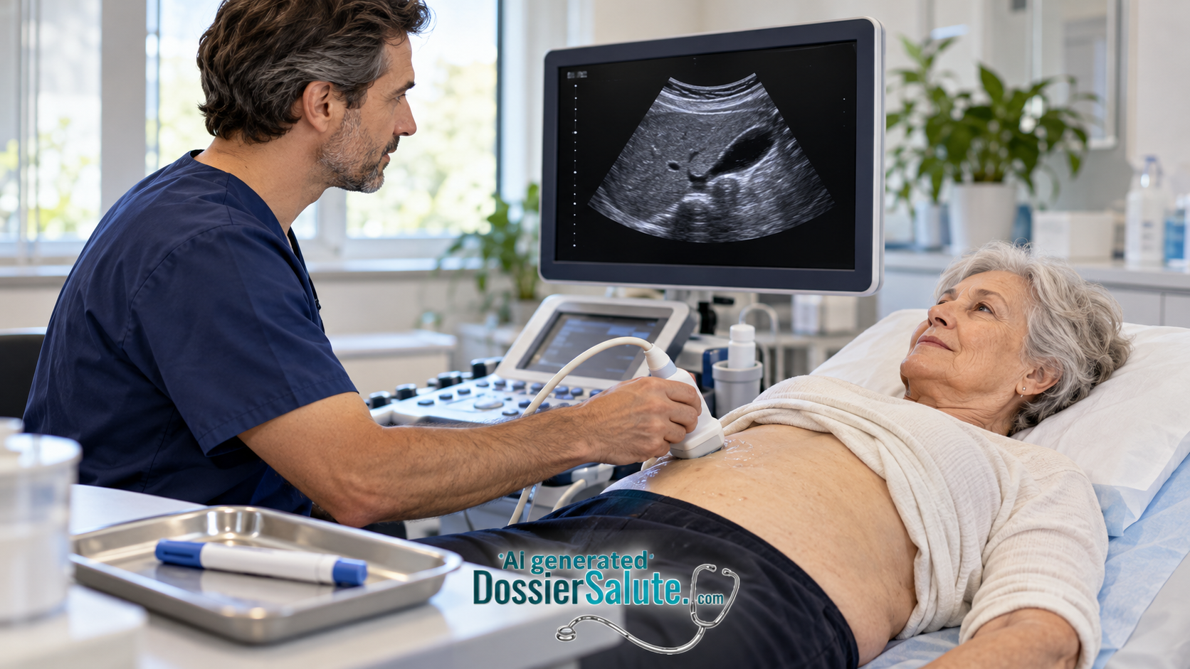 Medico esegue un’ecografia addominale a una donna anziana, con una penna iniettiva generica su un vassoio in primo piano.