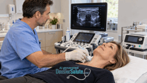 Medico esegue un’ecografia della tiroide a una donna, con un’apparecchiatura per la termoablazione accanto al lettino.