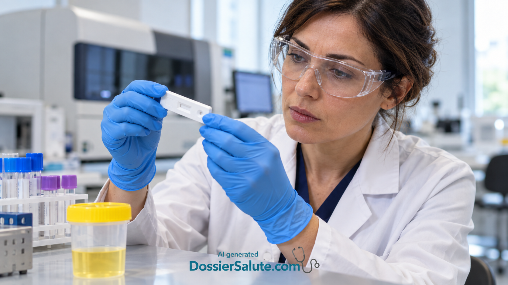 Professionista di laboratorio con guanti e occhiali protettivi esamina un test rapido accanto a un contenitore per campioni di urina.