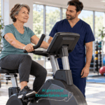 Donna adulta si allena su una cyclette sotto la supervisione di un professionista sanitario in una palestra riabilitativa.