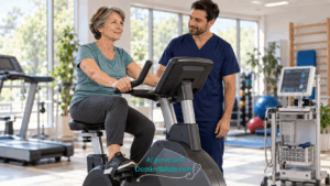 Donna adulta si allena su una cyclette sotto la supervisione di un professionista sanitario in una palestra riabilitativa.