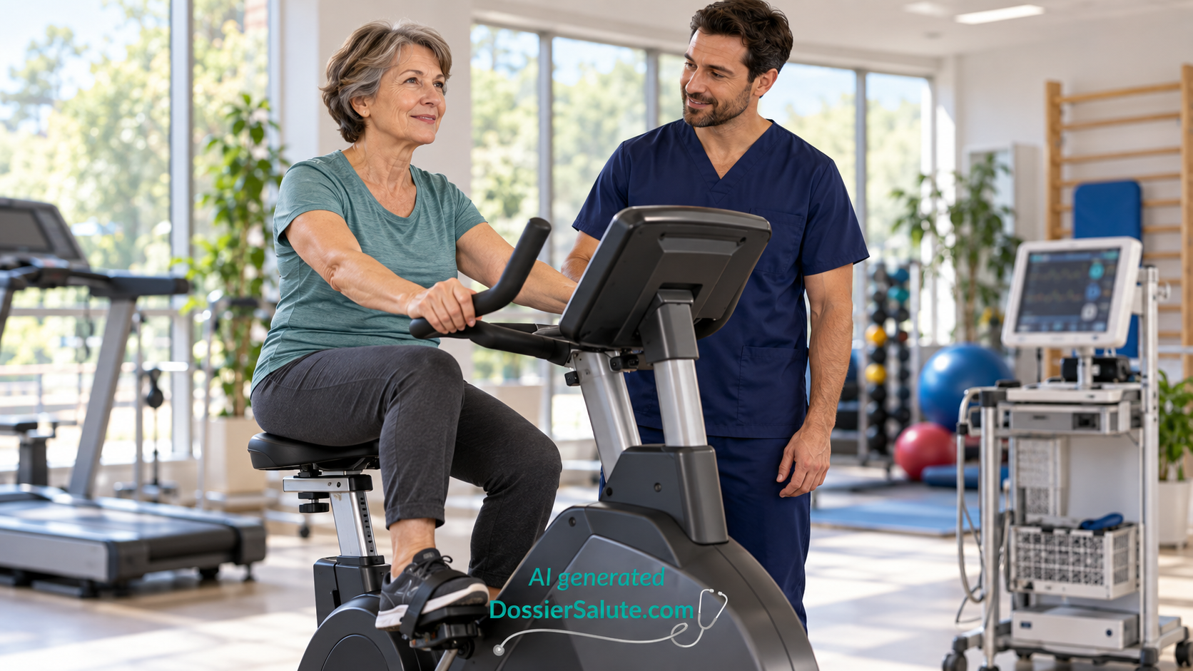 Donna adulta si allena su una cyclette sotto la supervisione di un professionista sanitario in una palestra riabilitativa.