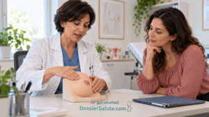 Senologa mostra a una donna la palpazione del seno su un modello anatomico durante un consulto.
