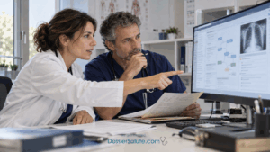 Due medici confrontano una cartella clinica con informazioni e una radiografia visualizzate sul monitor.