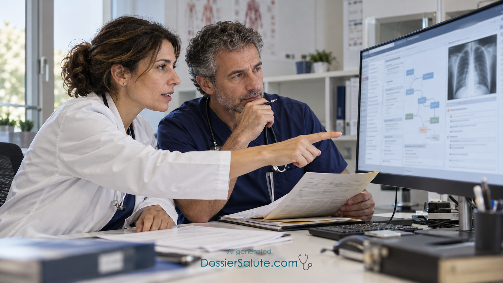 Due medici confrontano una cartella clinica con informazioni e una radiografia visualizzate sul monitor.