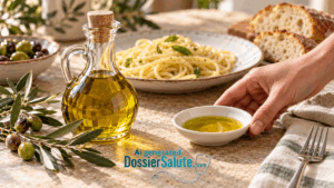 Mano appoggia una ciotolina di olio d’oliva sul tavolo, accanto a un’oliera, con pasta e pane sullo sfondo.