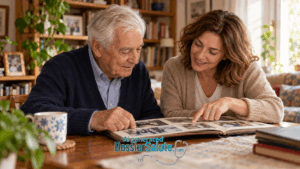 Padre e figlia guardano foto